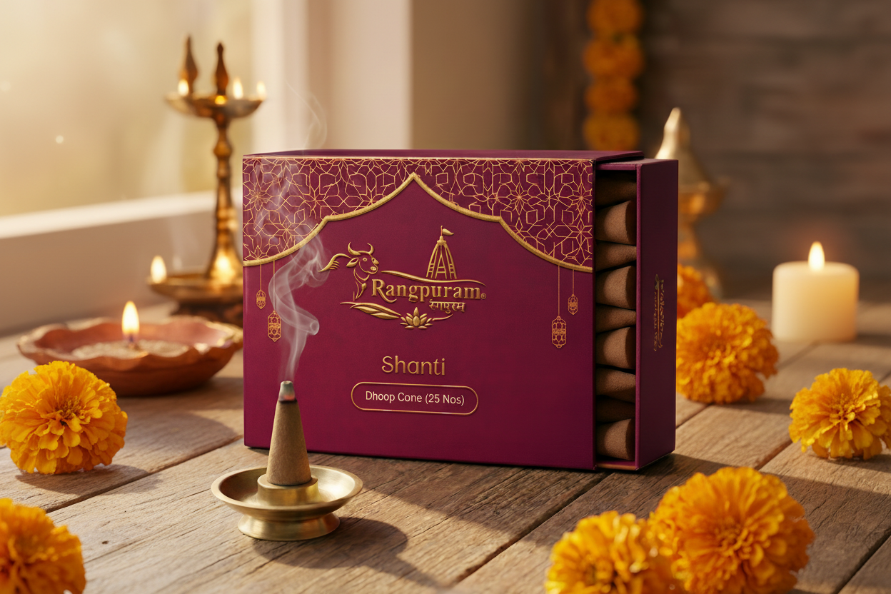 Rangpuram Shanti incense cone box with a smoking cone on a wooden surface.